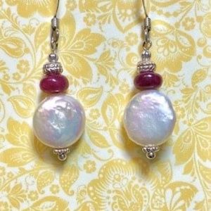 Freshwater Coin Pearl and Ruby Silver Earrings